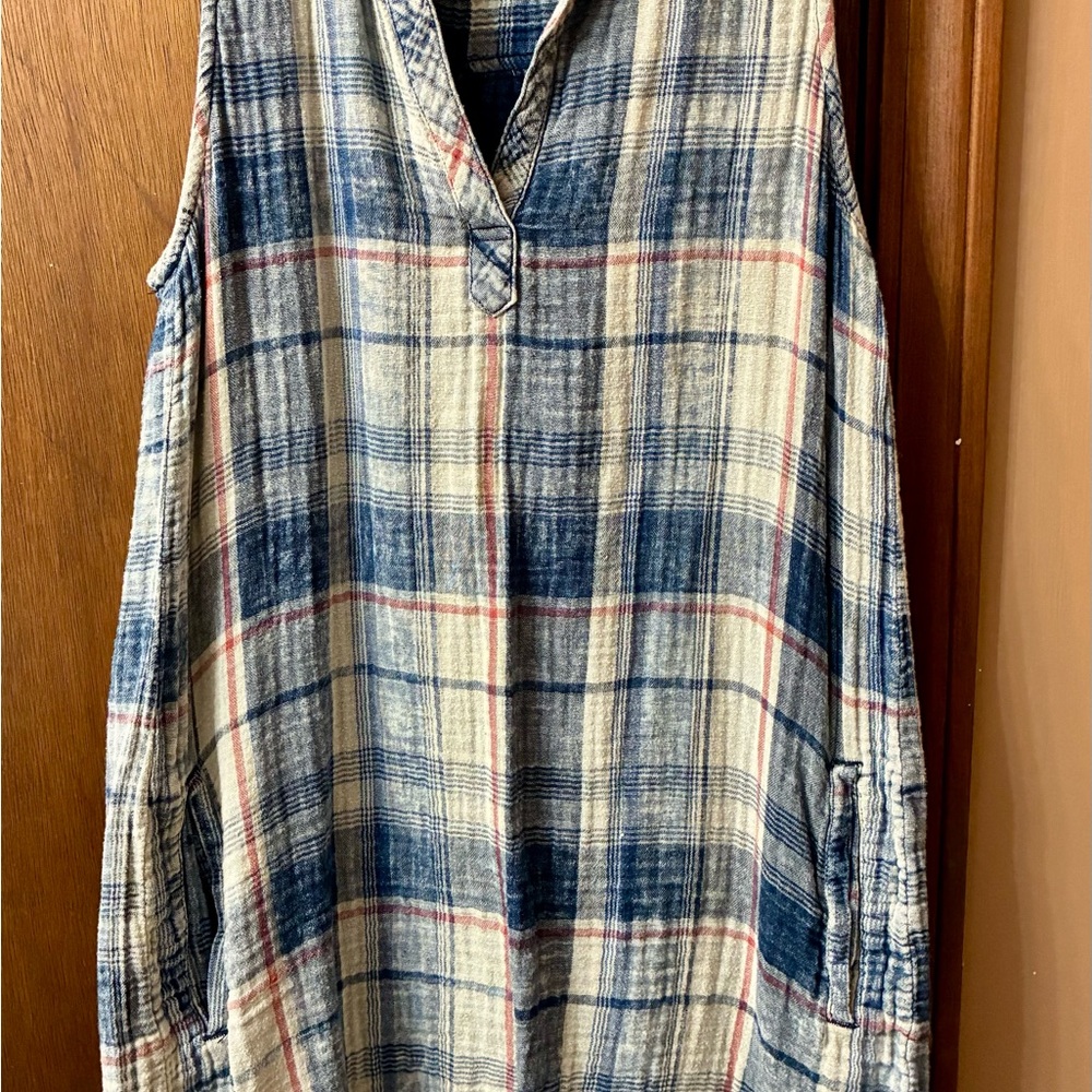 Cloth & Stone Blue and Cream Plaid Shirt Dress